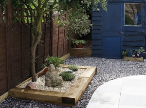ALL GARDEN COMPLETION WITH DECORATING WOODEN SLEEPERS RAISED BED WITH SOME PLANTS, STONES AND BUDDA FOUND IN THE GARDEN...
